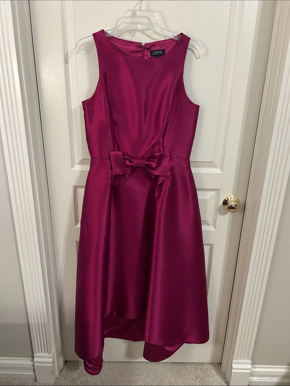 Tahari Magenta Satin High-Low Dress with Waist Bow